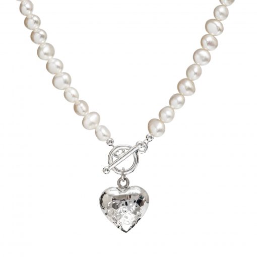 Pearl Necklace with Beaten Silver Heart | Biba & Rose